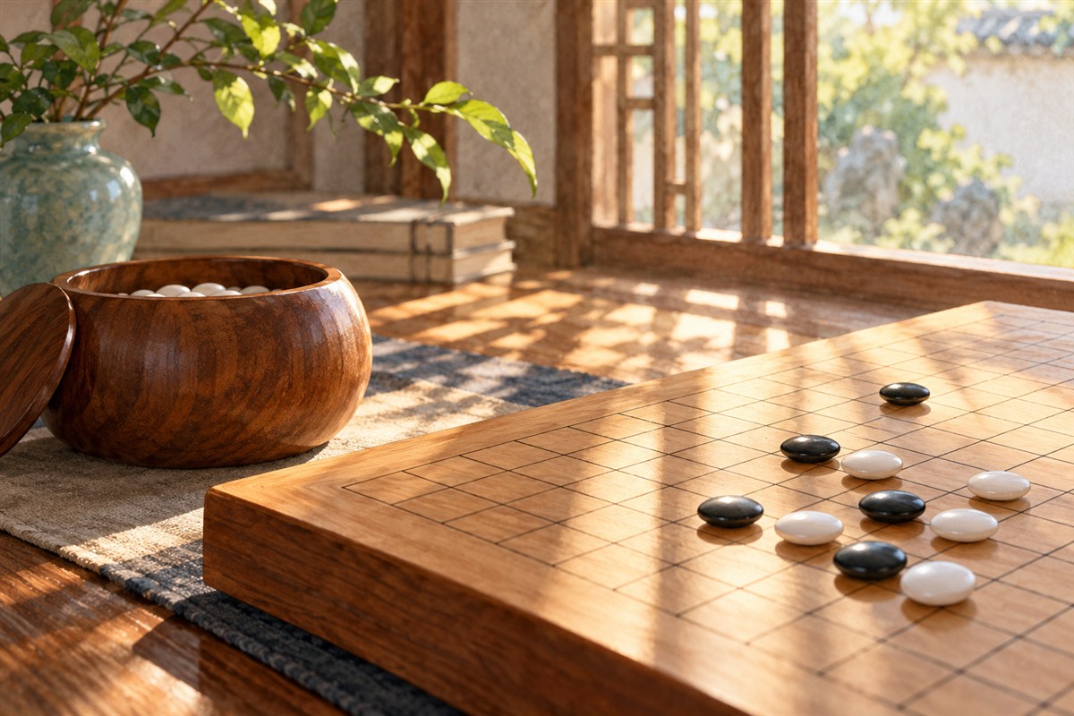 窗边棋盘的一角与黑白棋子沐浴晨光