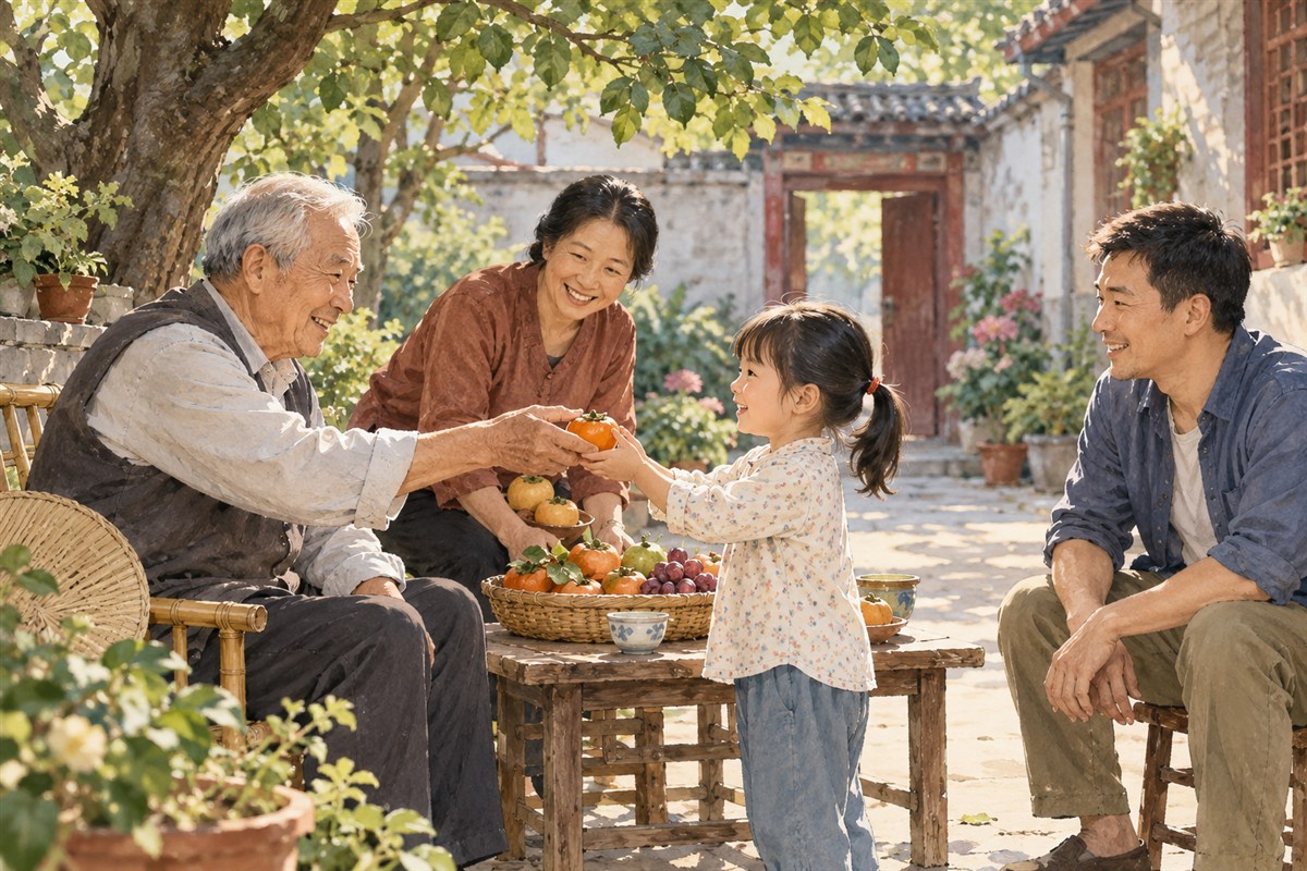 树荫下老人与孩子分享果实,家人在一旁相伴