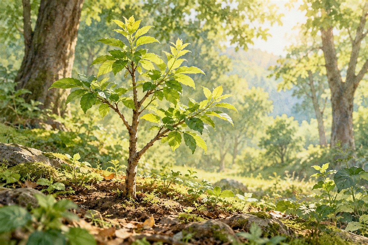 新枝与幼树在阳光下舒展,林地显出丰茂生机
