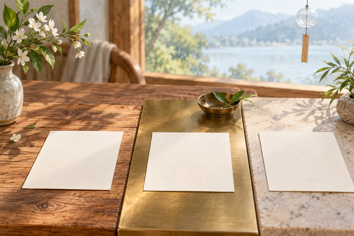 书桌上并排摆着材质不同的空白字卡,背景是一只小风铃
