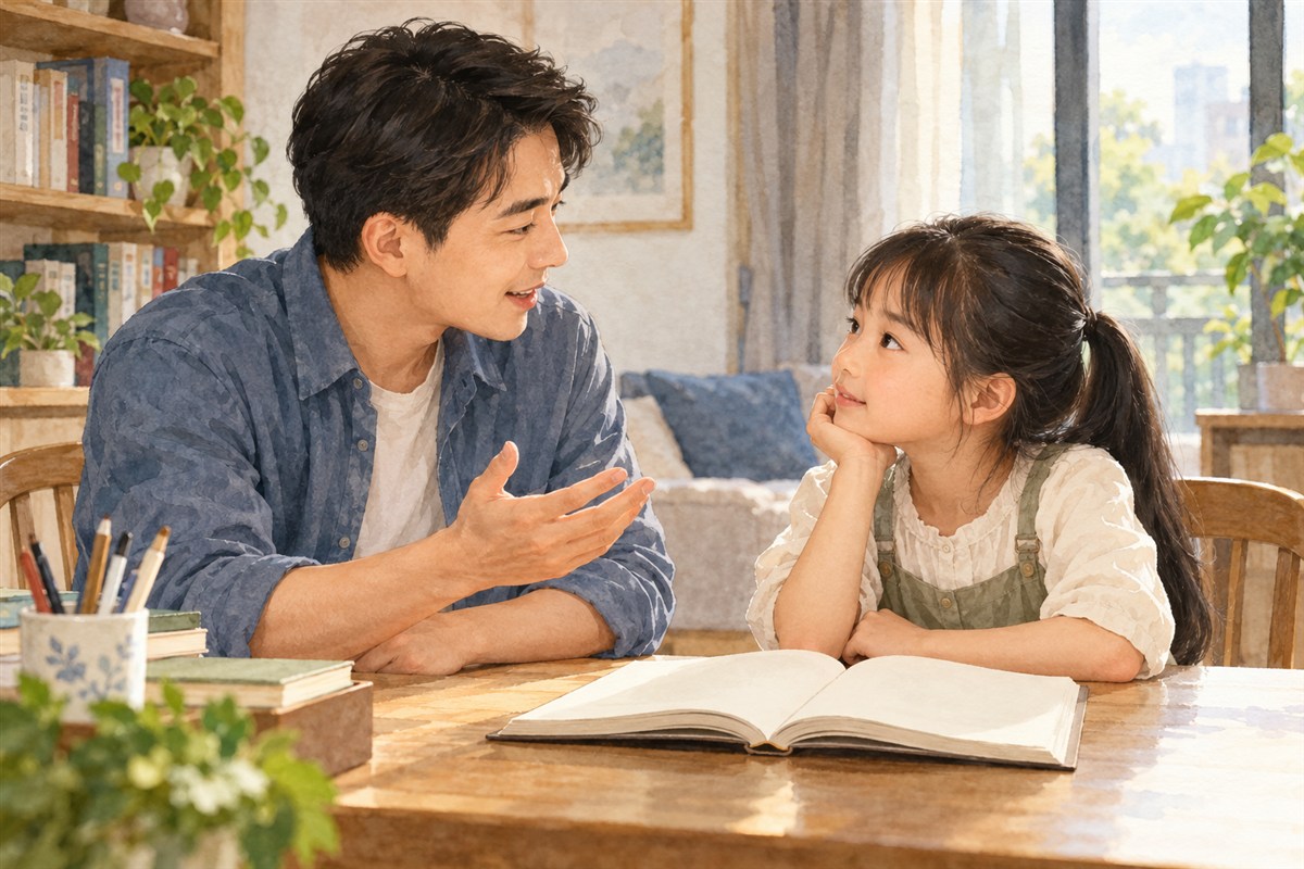家长和孩子面对面读书交流,手边放着打开的书册