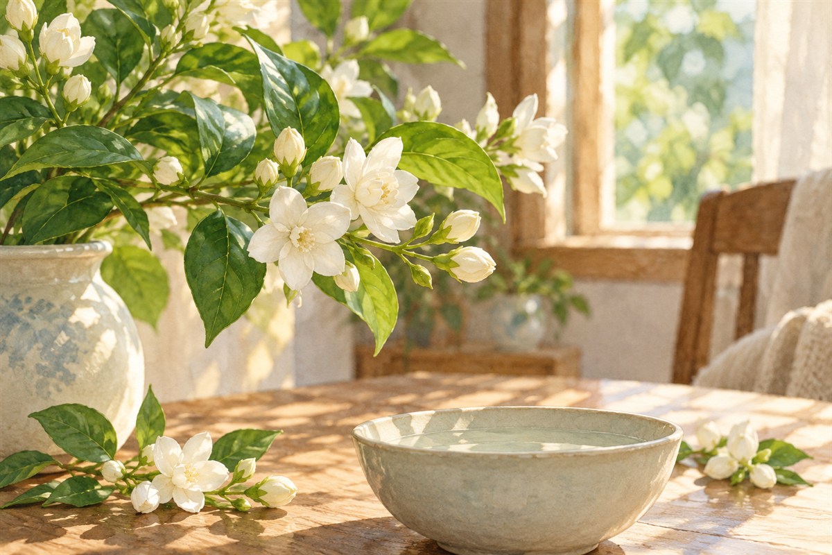 白色茉莉花与绿叶伸入窗边柔和的光线