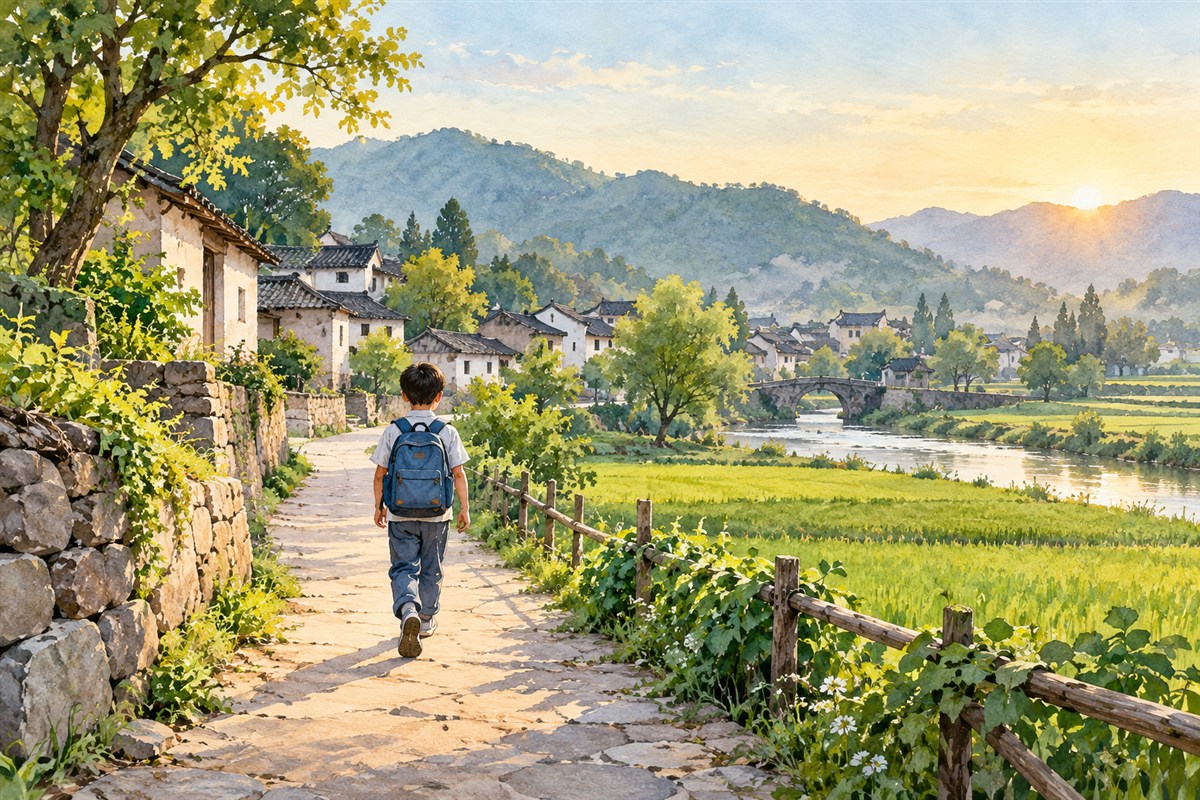 孩子背着书包沿着村边小路走向晨光中的田野
