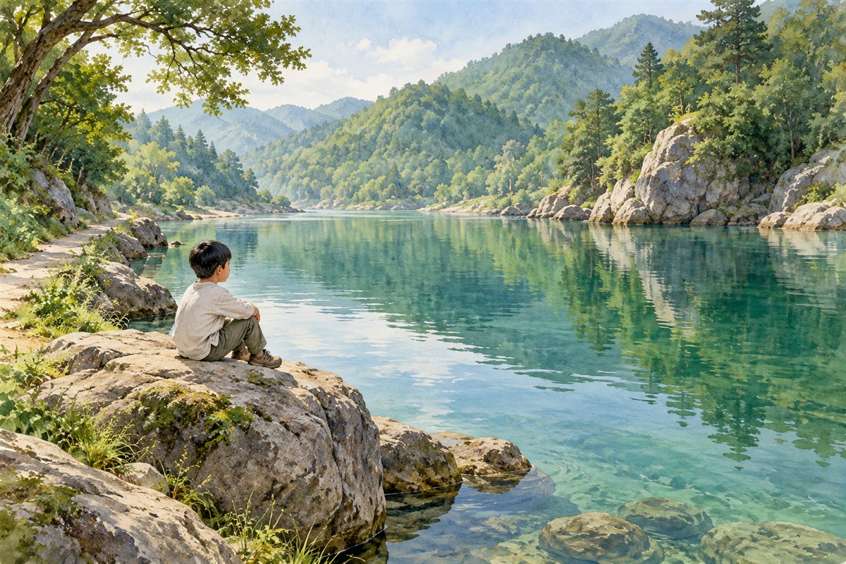 孩子坐在岩石上望向平静的深绿水湾与远处山林