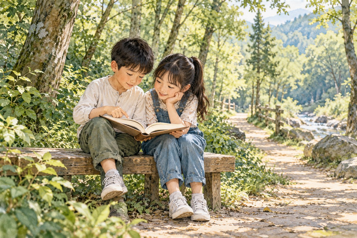 两个孩子在树林边的木椅上一起看书