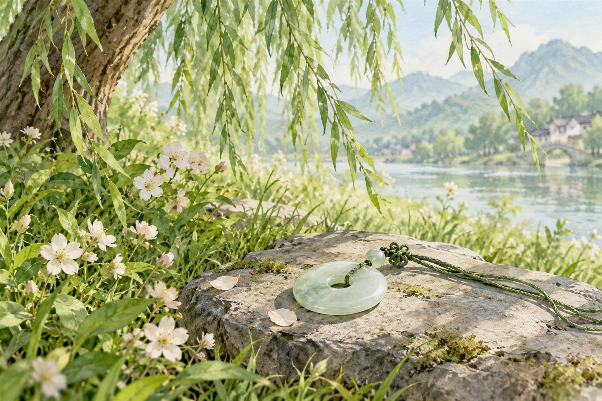 柳枝下的草地、浅色小花与玉石小坠