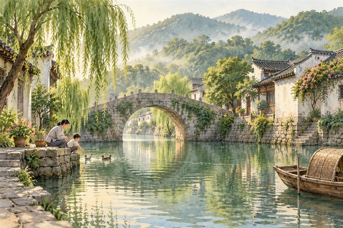 河畔老街、石桥与沿岸民居