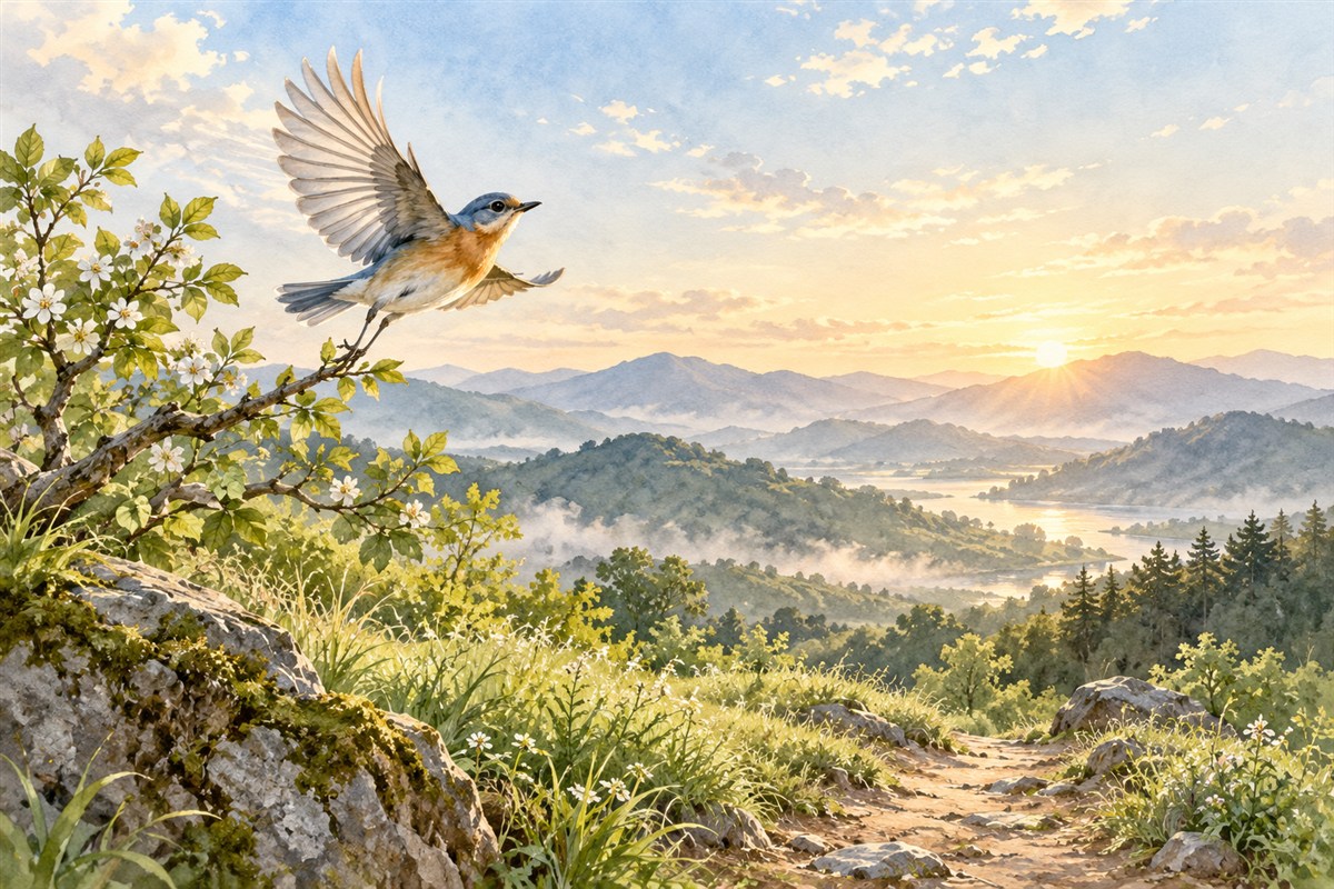 晨光中展开双翼的鸟与通向远处的山间步道