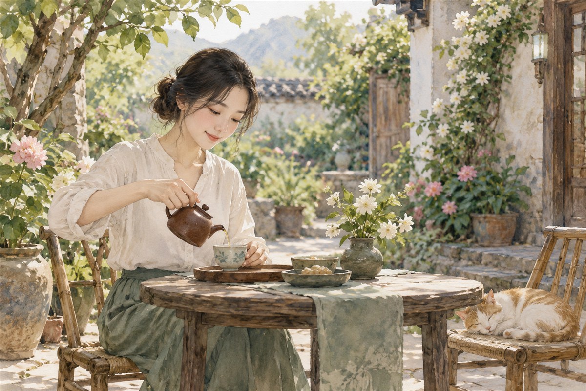 庭院里从容斟茶的女子与素色茶具