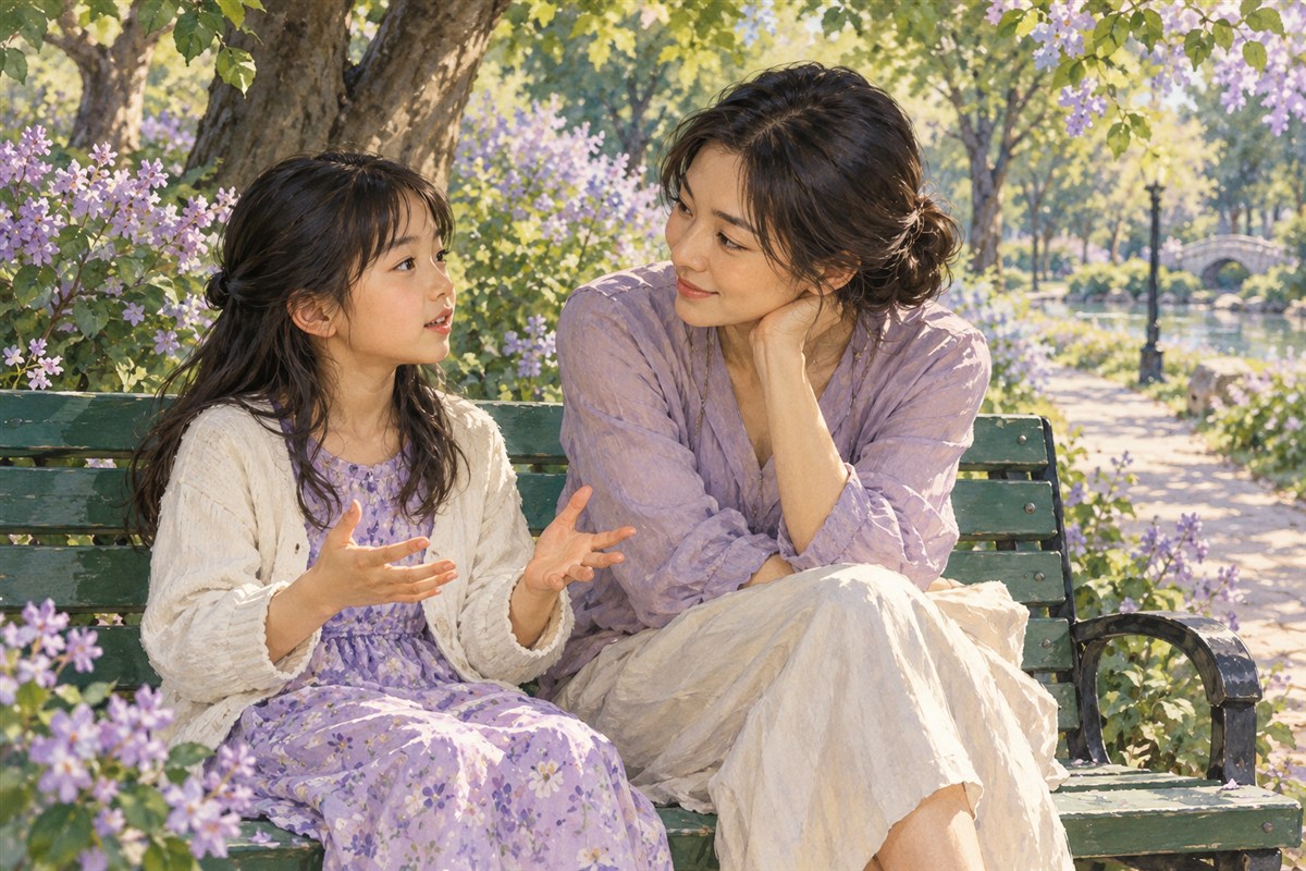 公园长椅上，母亲俯身倾听女孩说话