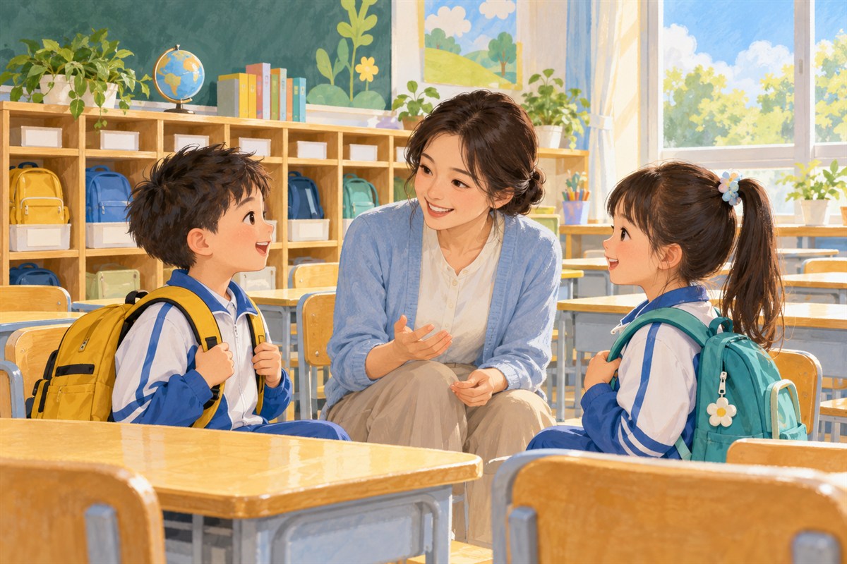 教室里,老师与两名背着不同书包的孩子交流