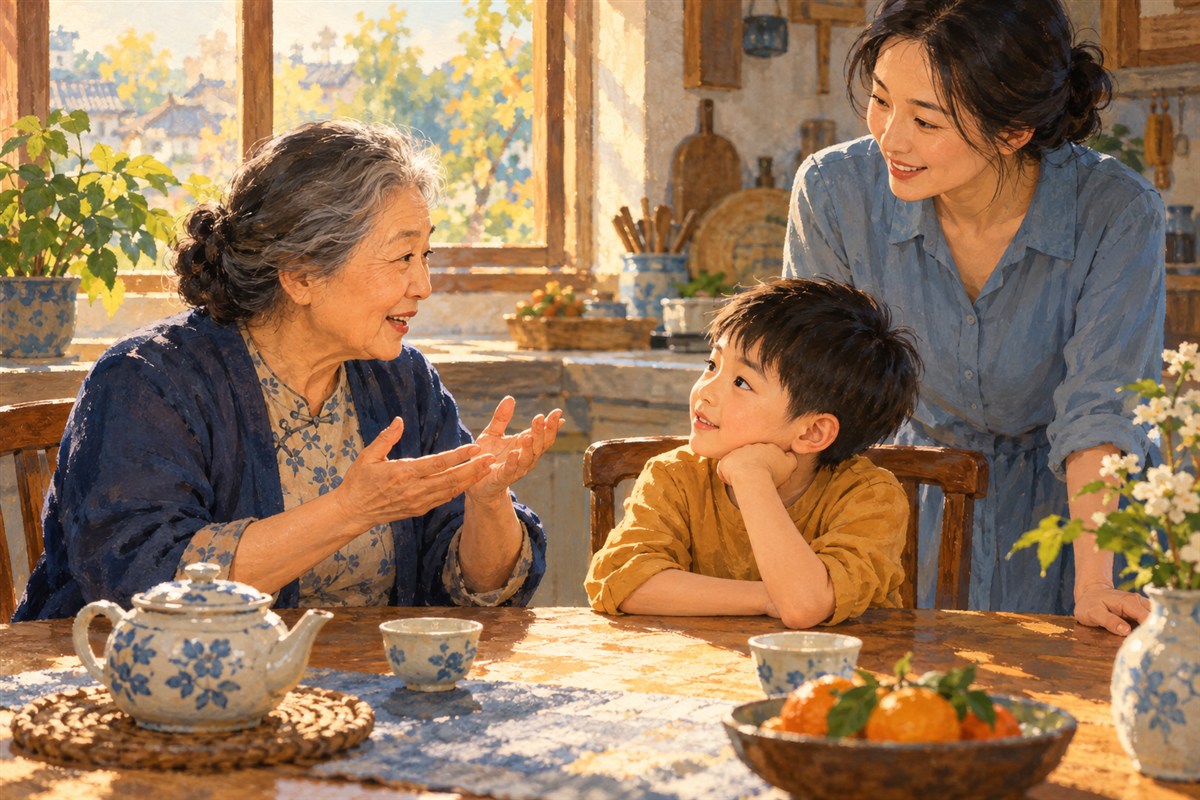 祖母与孩子在窗边交谈，母亲在一旁倾听