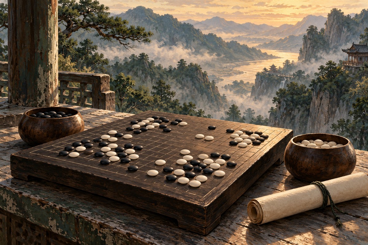 棋盘上的黑白棋子与摆在一旁的合拢书卷