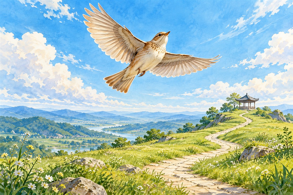 一只鸟舒展双翼,飞过山坡上延伸的小路