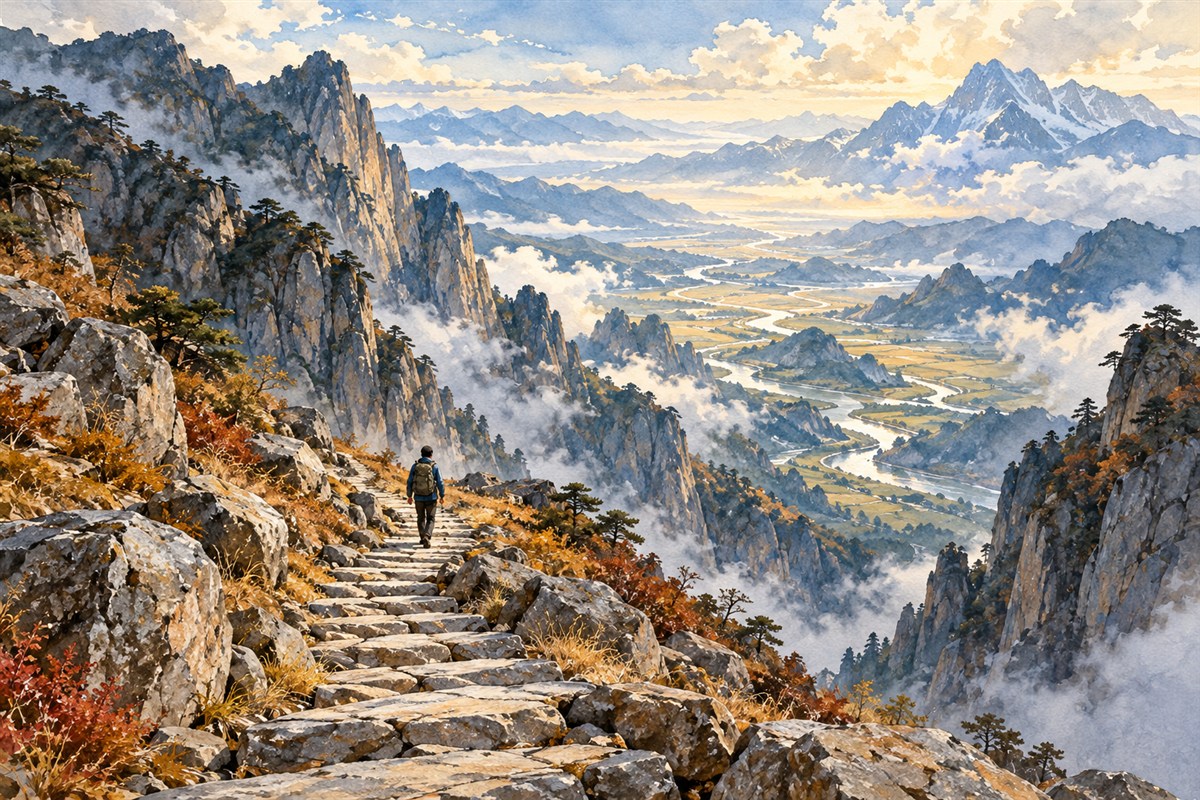 山间石道穿过山口，远处一名行者稳步前行