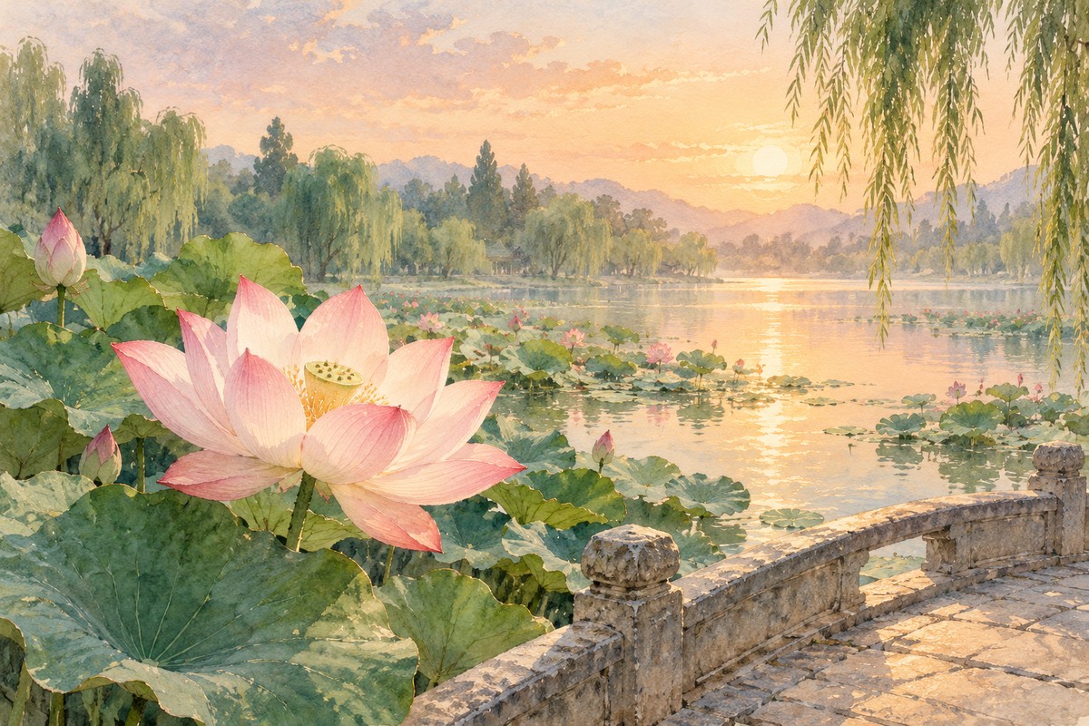 夕照中的莲花、莲叶与柔美的池塘景色
