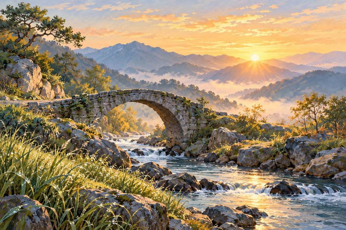 清晨的石桥和逐渐亮起的远山