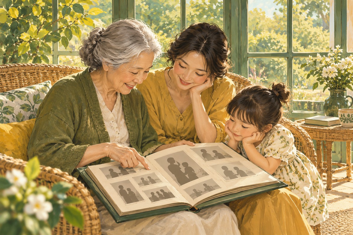 祖孙一起翻看家庭相册,了解家人的称呼