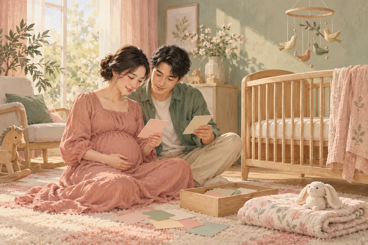 准父母在婴儿床旁整理备选卡片