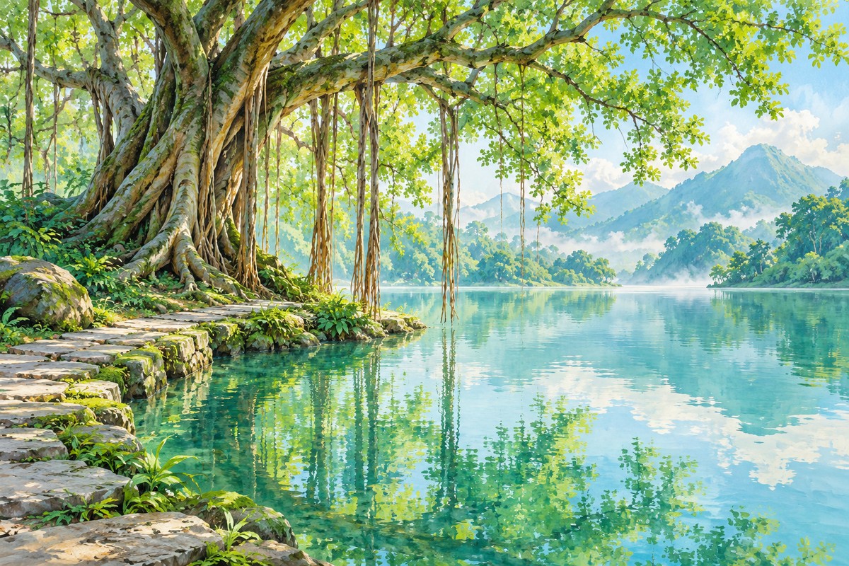 清澈池水旁的榕树与枝叶倒影