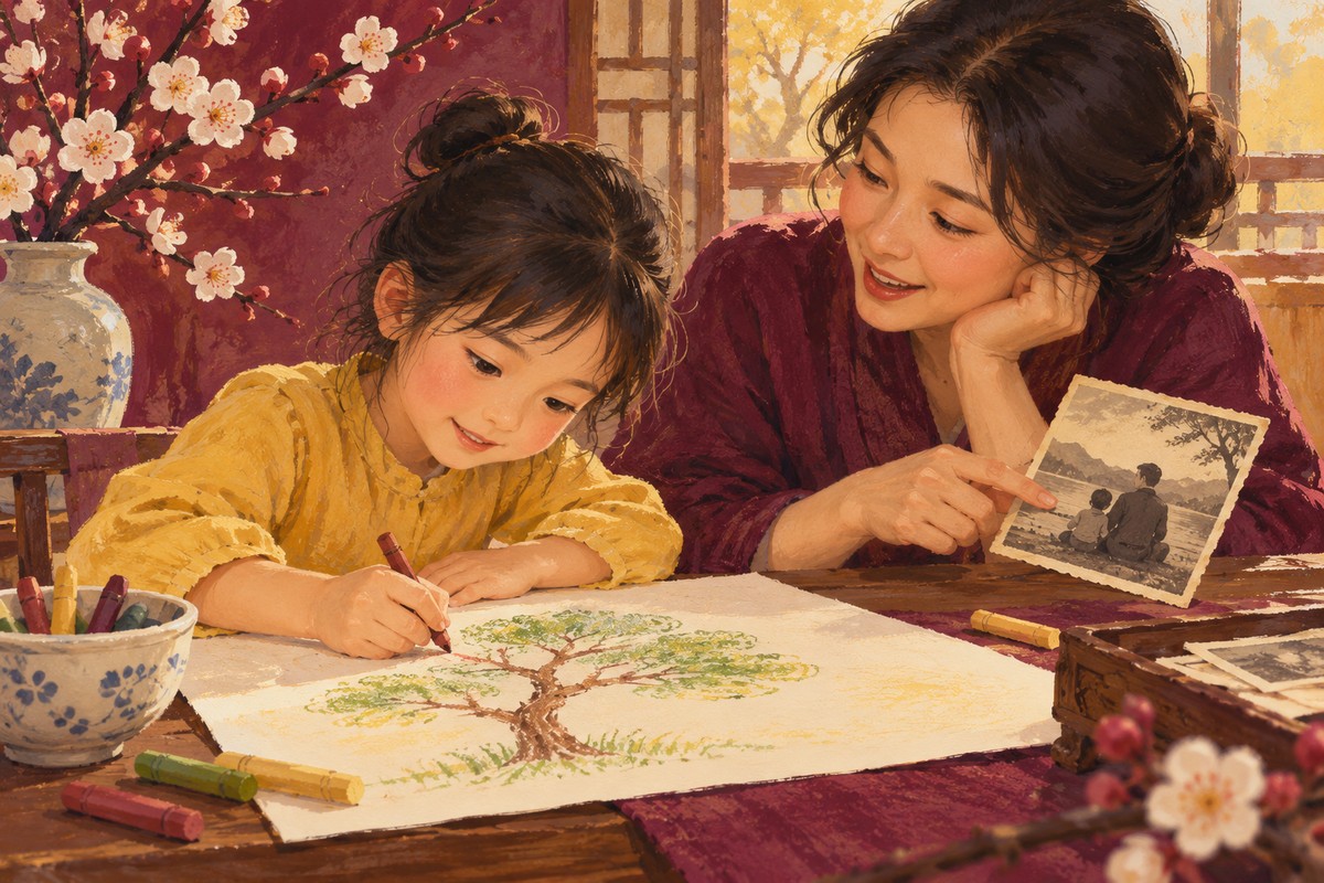 孩子边听母亲讲述边画下名字故事中的小树