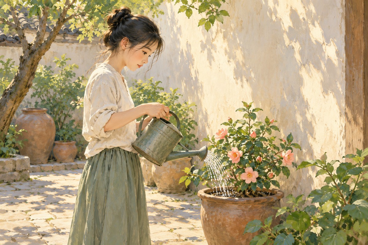 庭院里一名女孩专心照料花草