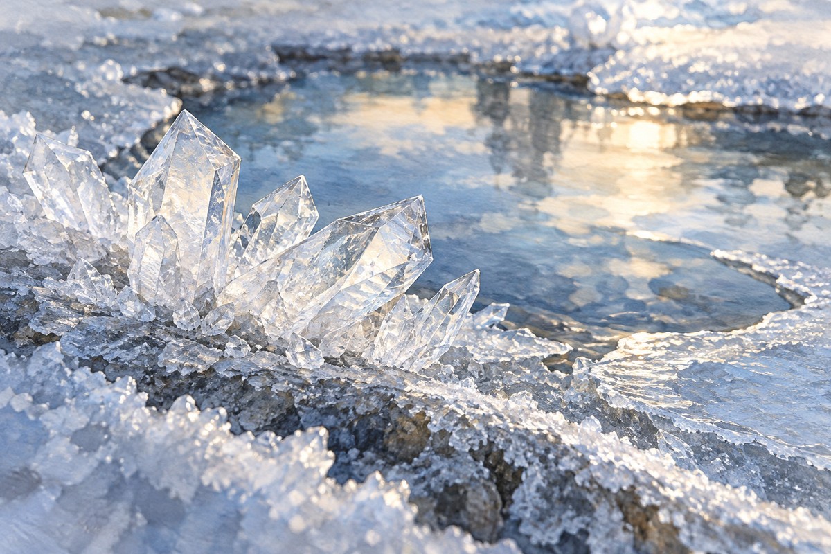 透明冰晶在侧光下呈现清亮纹理
