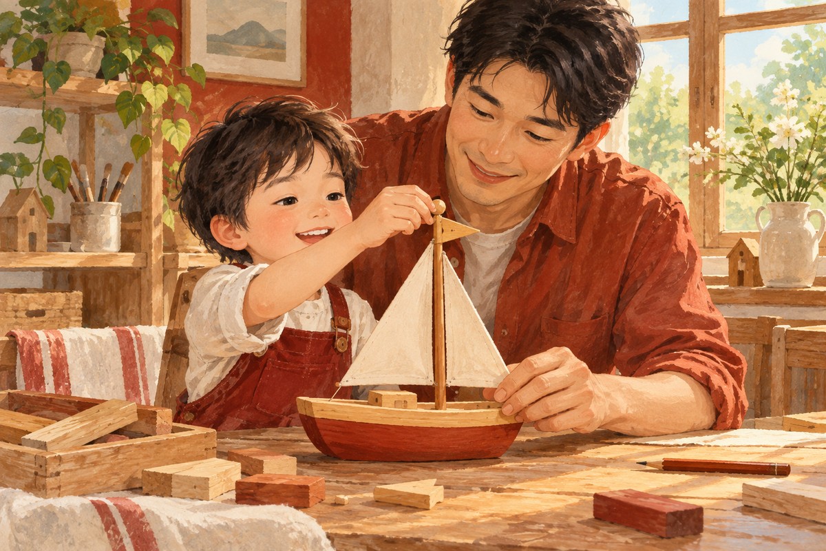 家长陪孩子把木制小船的最后一块部件装好