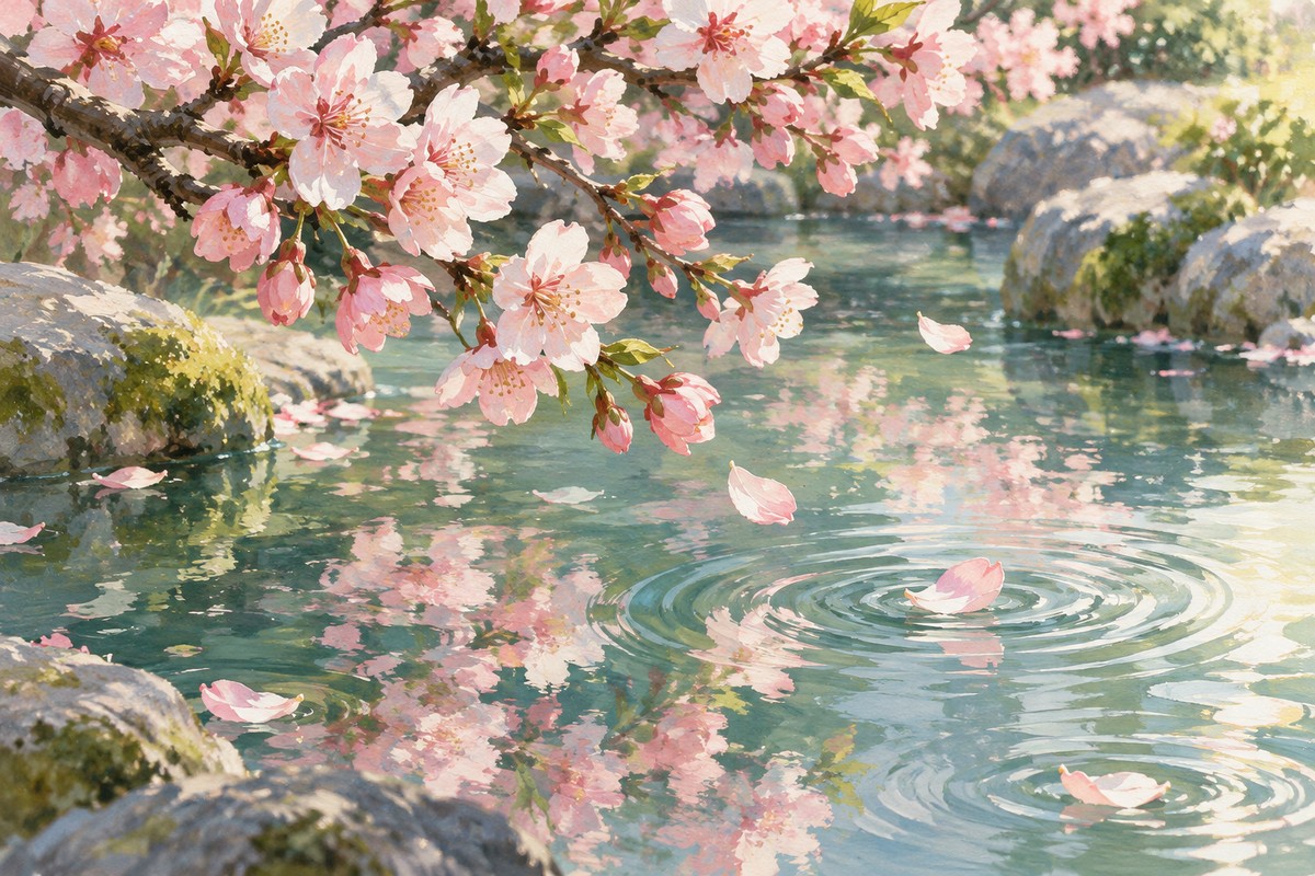 樱花枝垂在泛起细小涟漪的池水上方