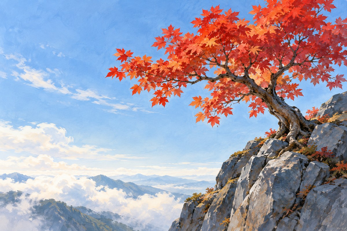 高处枫树伸展的枝叶与云天