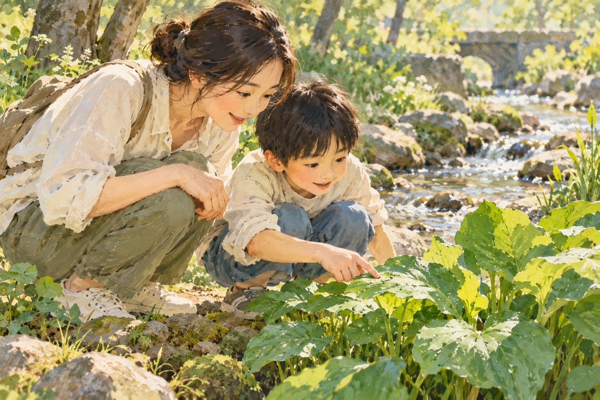 家长陪孩子在公园观察树叶与溪水