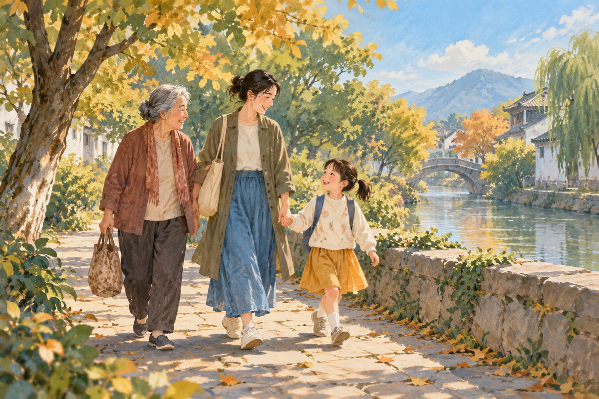 祖孙三代沿林荫小路散步