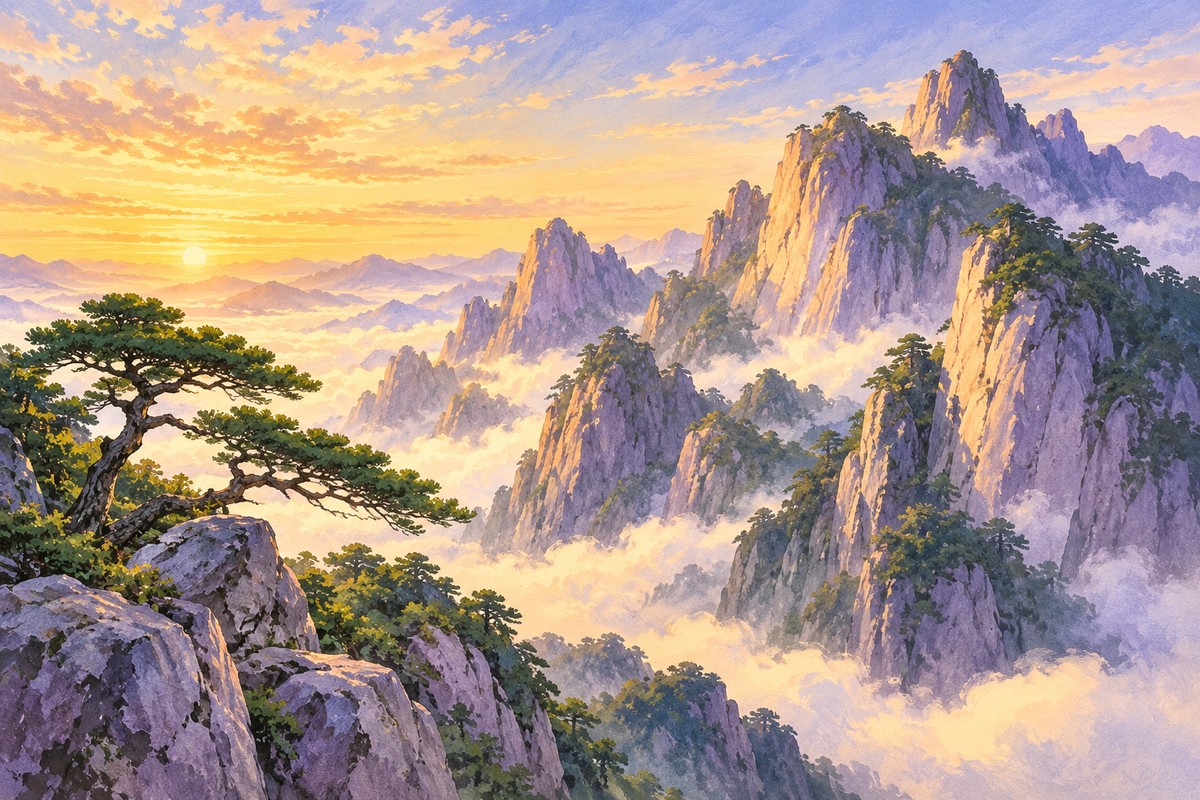 层峦间高峻的山峰与开阔天空