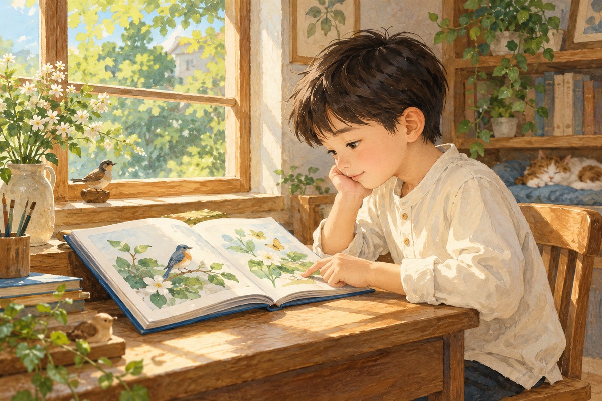 孩子在窗边认真阅读图画书