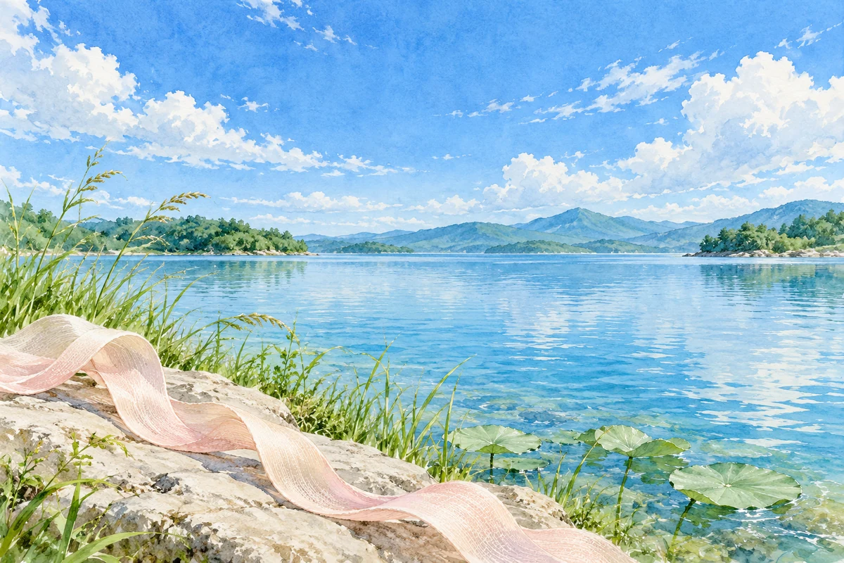 蓝天白云映在开阔湖面上，近处石岸有浅色丝带与水边绿草