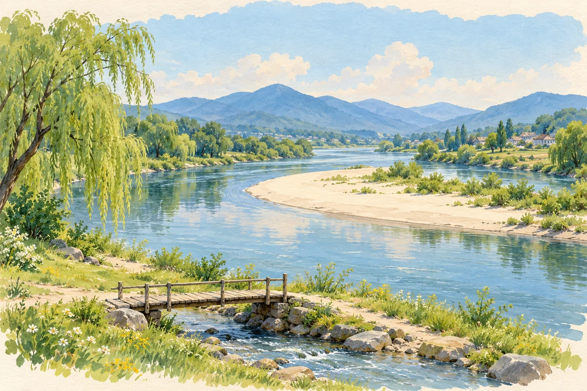 柳树环绕的开阔河湾,前景是一座小木桥