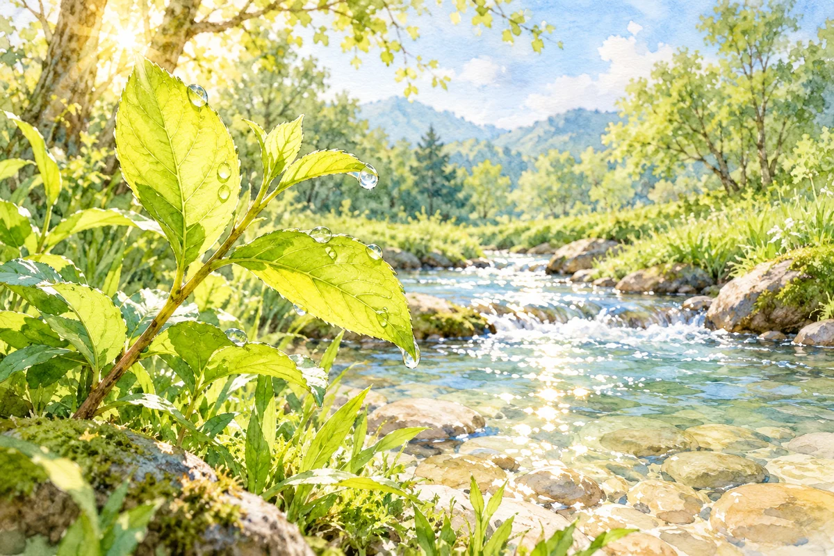 晨光照透带露珠的嫩绿叶片,清澈的小溪流过浅色鹅卵石