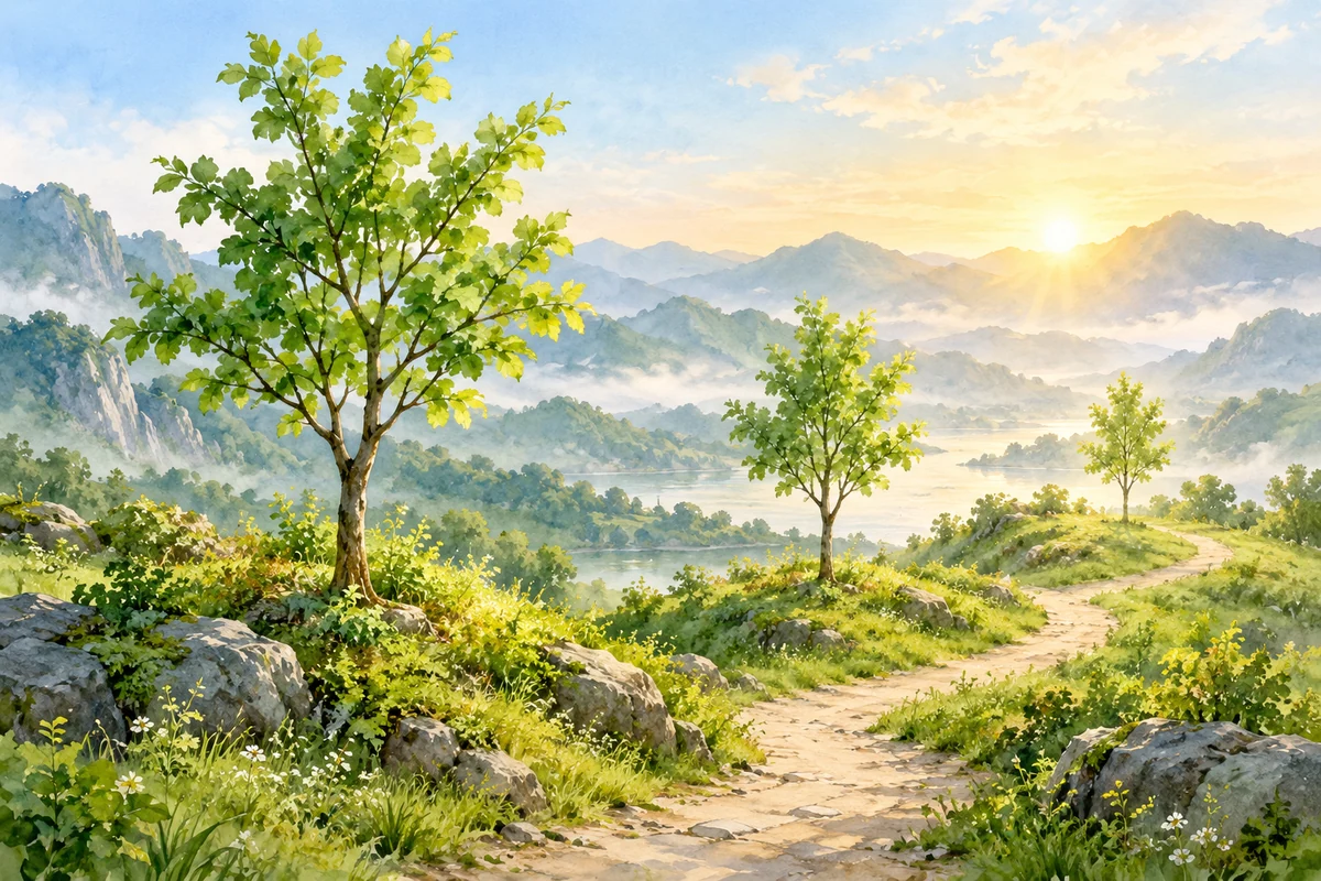 晨光里的山坡小径与三棵青年树
