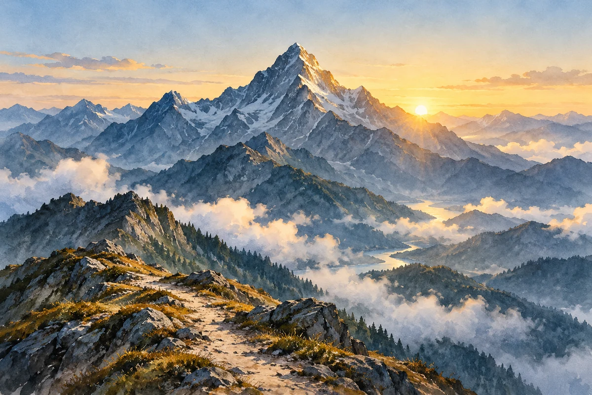 太阳从层叠山脊后升起,照亮中央山峰