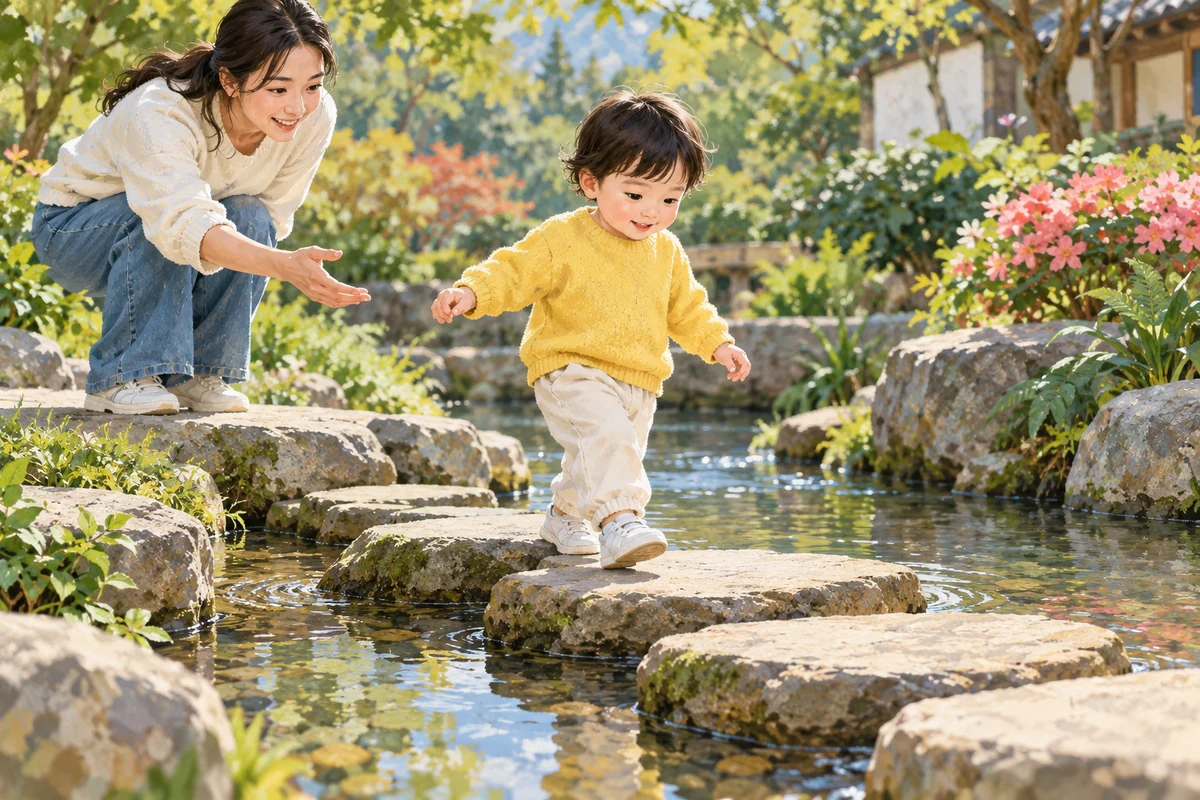 家长陪伴孩子跨过溪流里的踏脚石