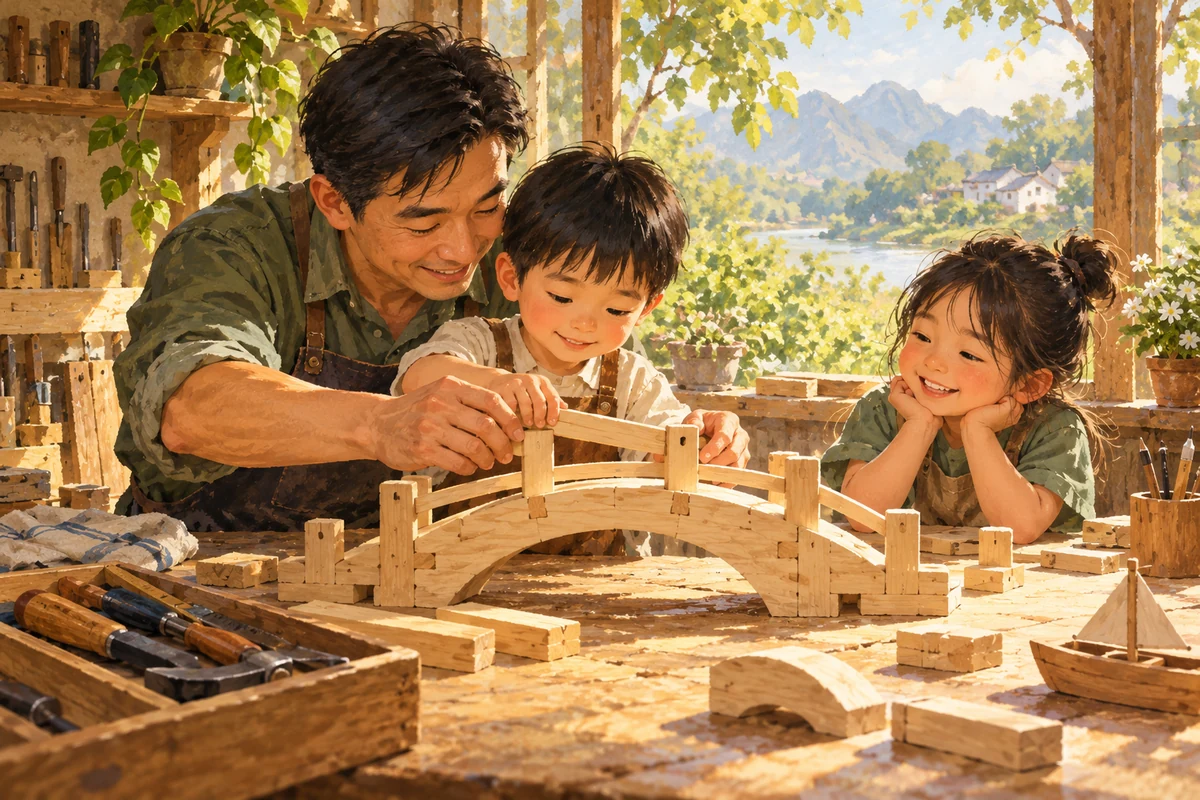 一家人在木工桌旁制作玩具