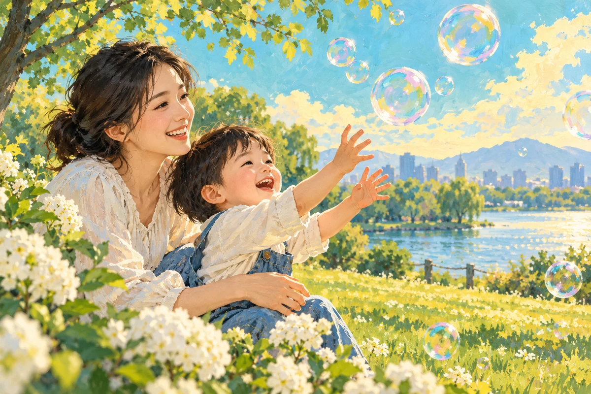 母亲与孩子在公园看泡泡,露出笑容