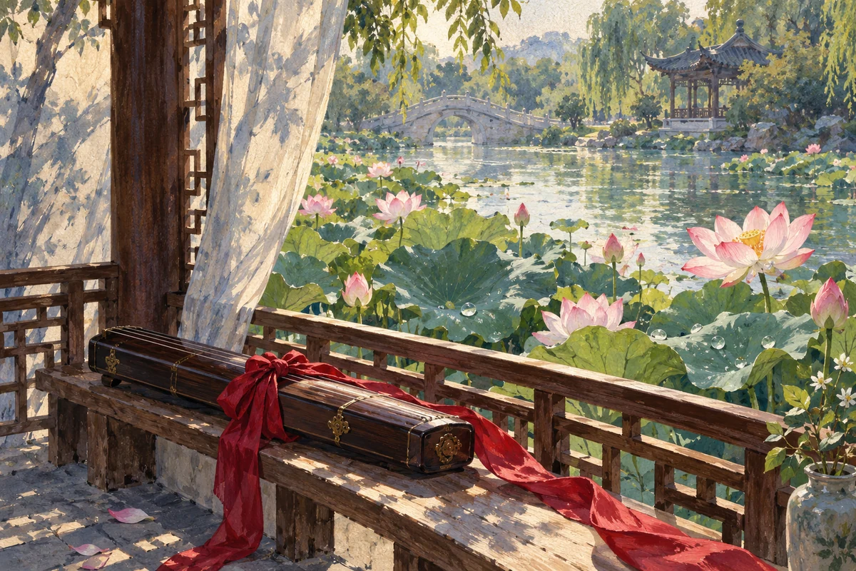 荷塘亭子旁的琴与绛红色丝带