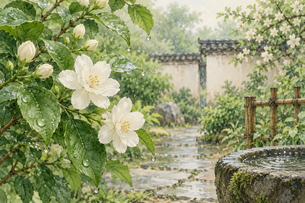 雨后白色花朵、绿叶与庭院水彩插图