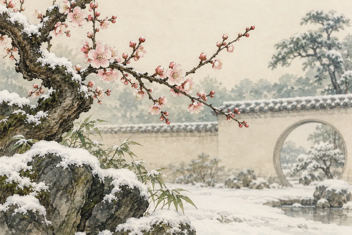 积雪中的淡色梅花与庭院水彩插图