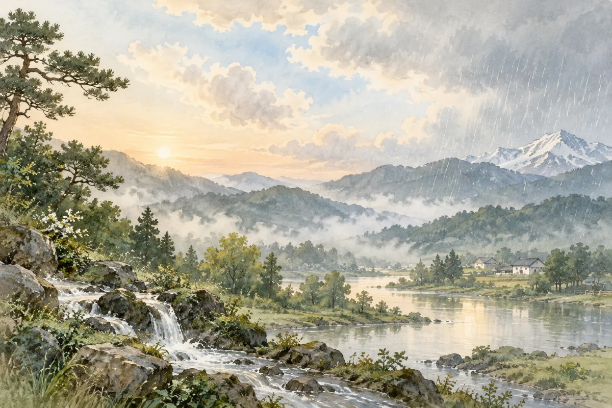 云层、降雨与晨光中的山水水彩插图