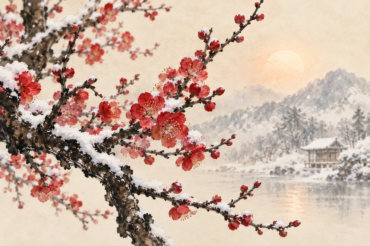 积雪中的梅花枝