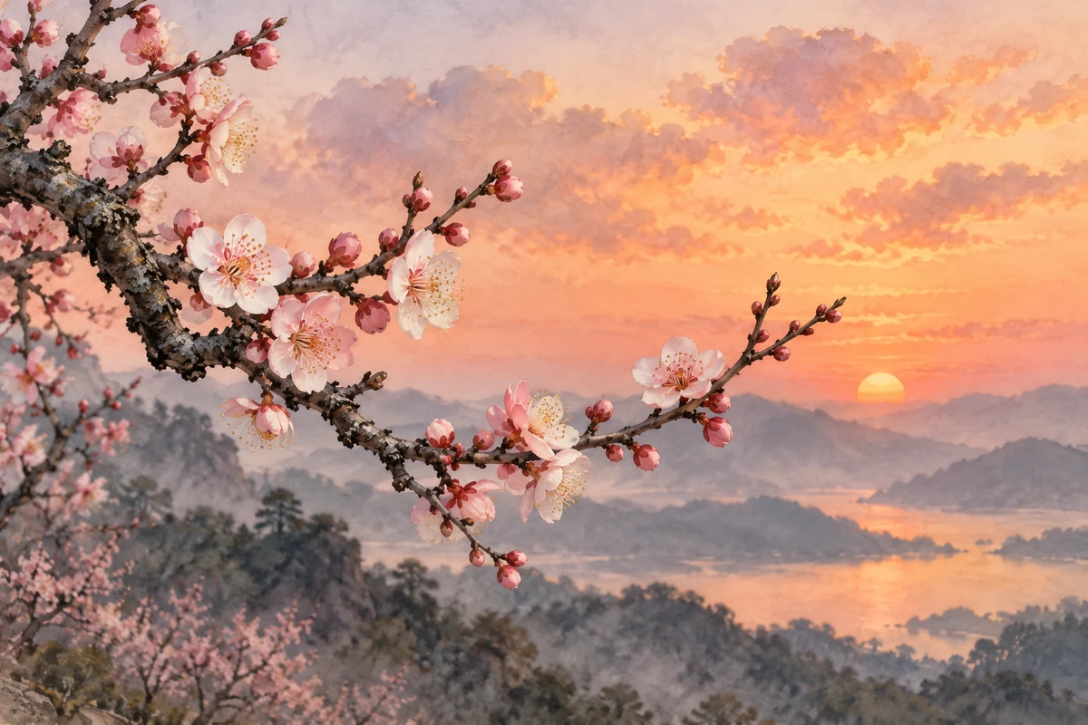 晚霞中的梅花枝