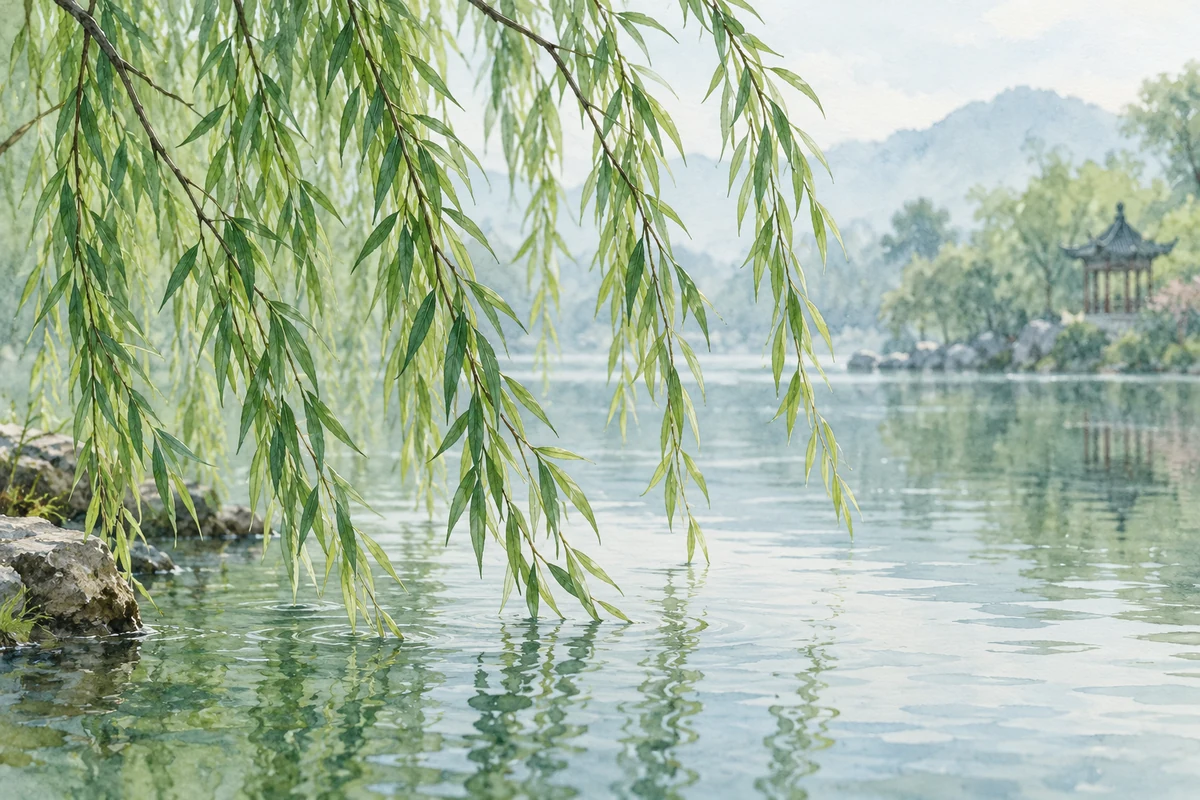 垂柳枝条轻拂水面