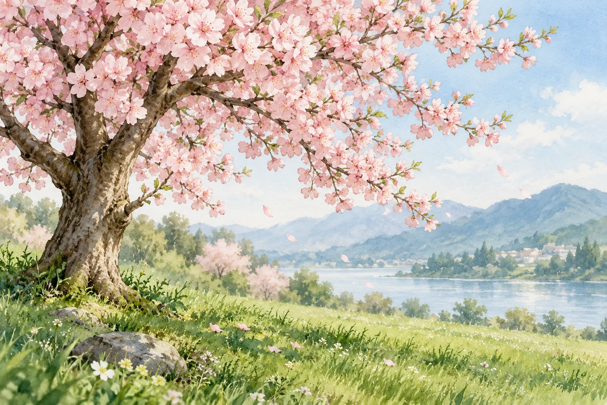 盛开的花树与青草
